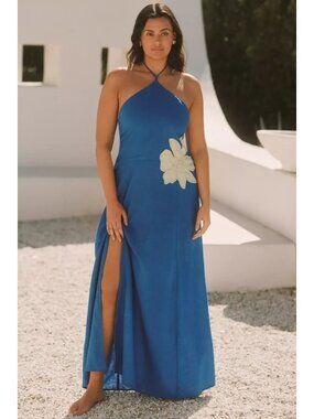 Anthropologie Celandine Linen Halter Side-Slit Maxi Dress Blue Beaded XL